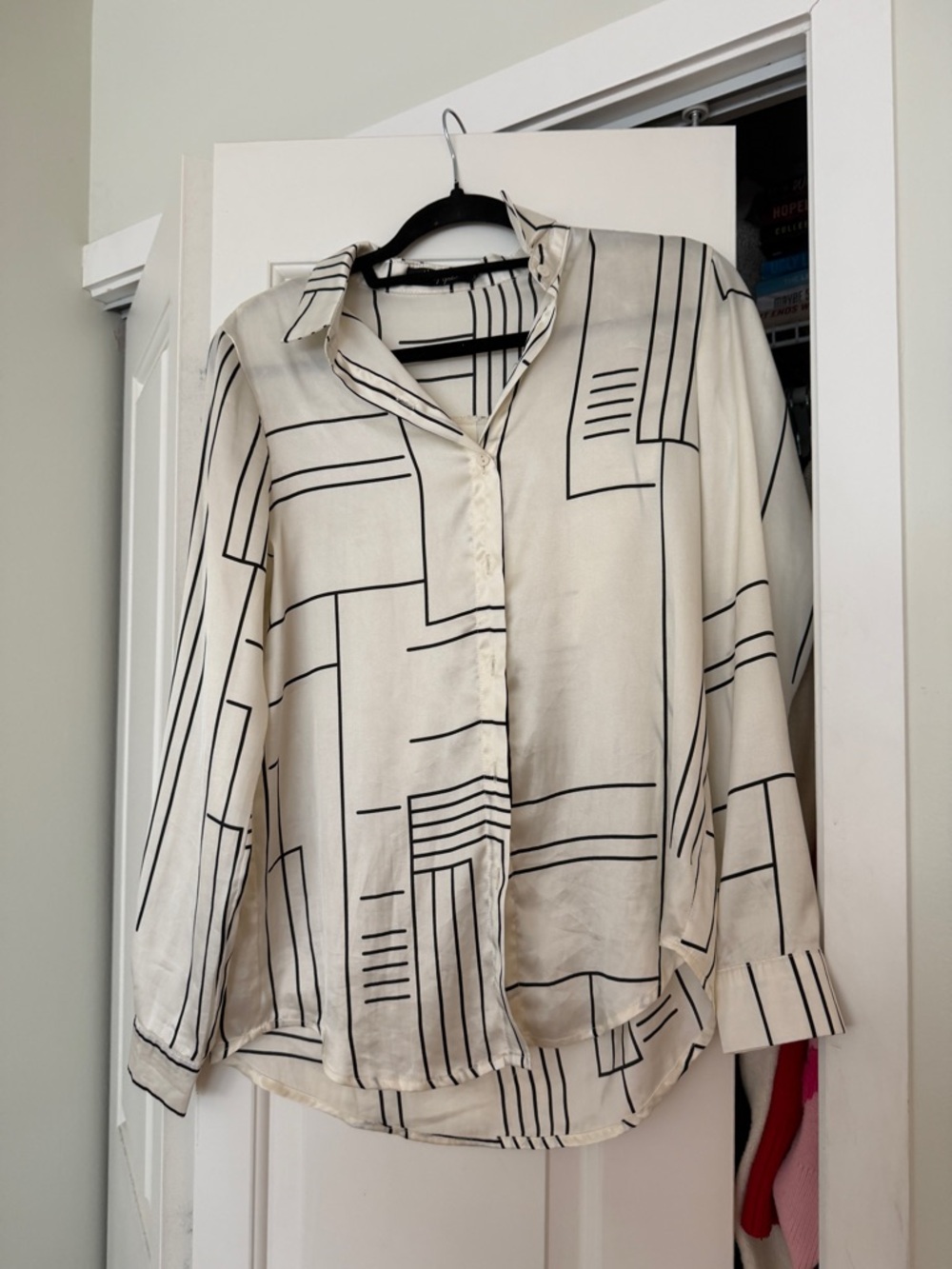 Nasty Gal Cream Button-Down Blouse with Black Geometric Lines